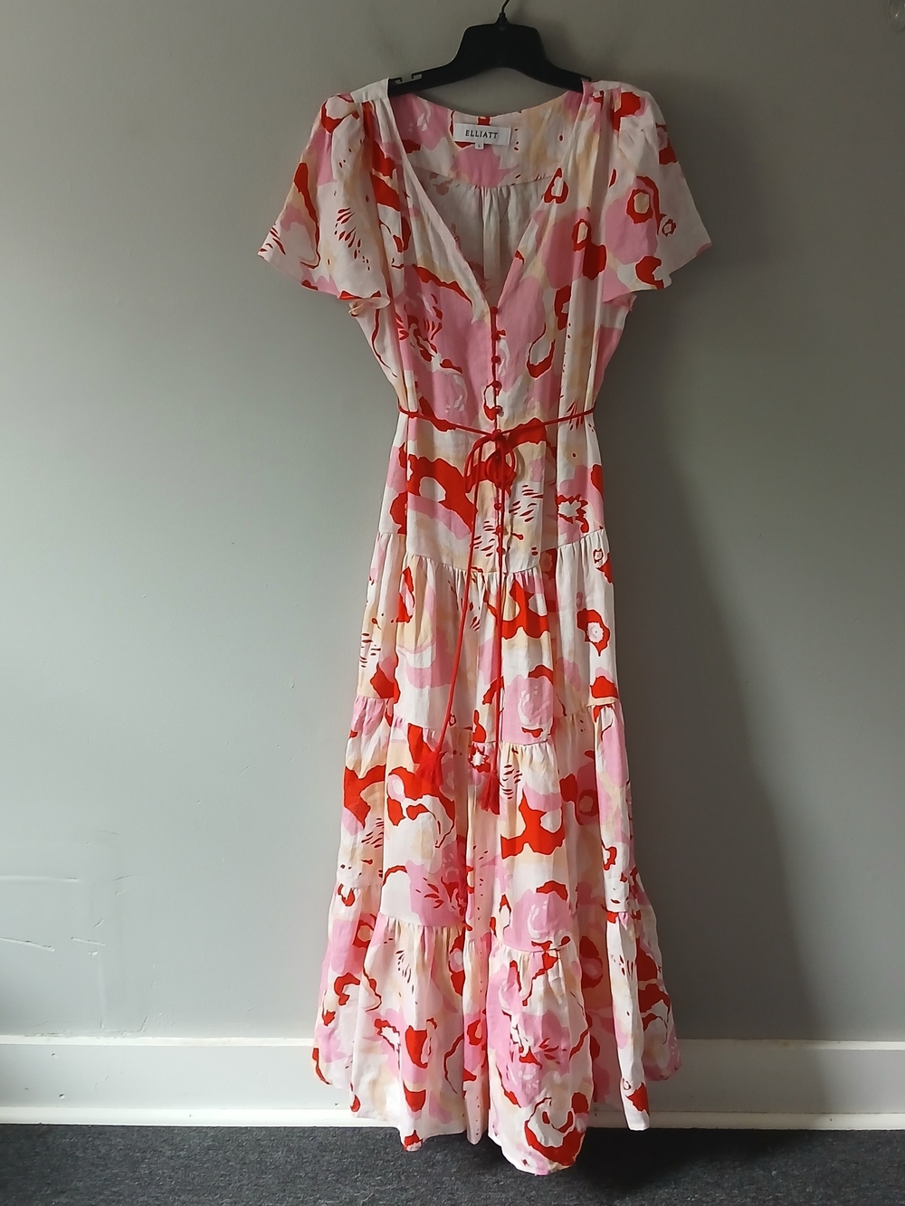 Elliatt Womens Size Large Gisli Floral Print Tiered Maxi Dress Floral 100% Linen